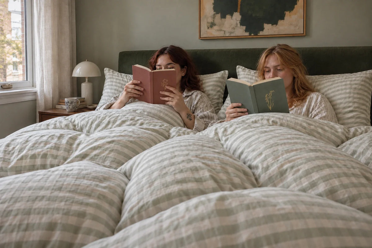 Two women reading in bed under pale green striped and checked bedding.