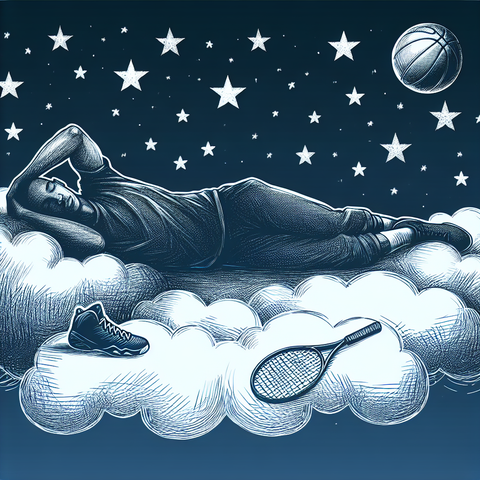 Sketch of an athlete resting on a cloud under a starry night sky, symbolizing the role of sleep in athletic performance.