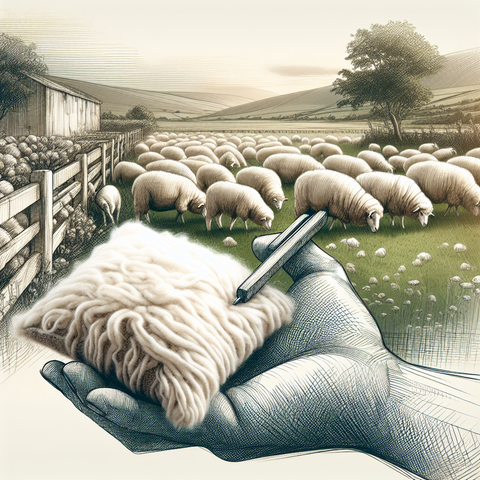 Sketch-style image of a sheep farm and wool pillow illustrating wool product-making process.