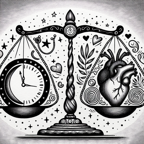 A hand-sketched clock at midnight, on a balance scale with symbols for sleep and health.