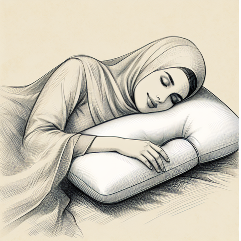 Sketch of a woman sleeping on an anti-wrinkle pillow, designed to prevent night-time wrinkles.