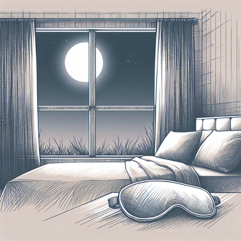 Sketch of a serene bedroom with a sleep mask on a pillow, moonlight streaming in.