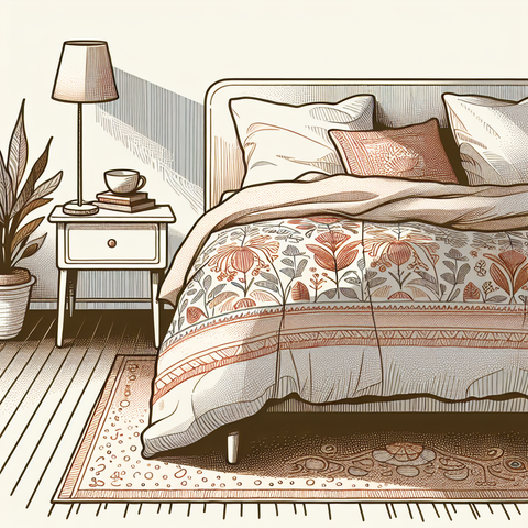 Sketch of a cozy bedroom with a bed showcasing a duvet cover and comforter, alongside a bedside lamp and plant, in a calming neutral palette.