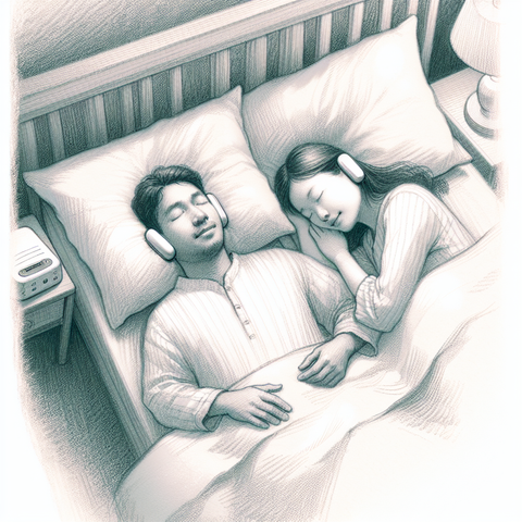 Simplified sketch of a couple sleeping peacefully in bed, addressing snoring issues with earplugs and a white noise machine.