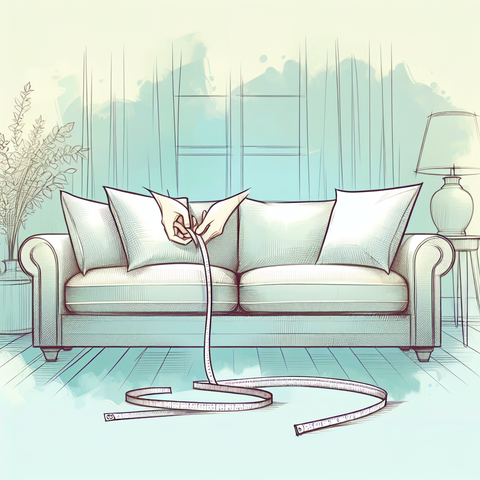 Sketch of a sofa with cushions and measuring tape