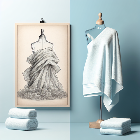 Illustration comparing a bath sheet and a bath towel on a pastel blue background.