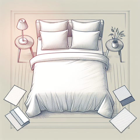 Sketch of a bed with a top sheet and fabric swatches, illustrating bedding options.