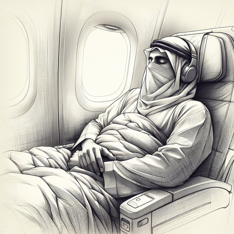 Sketch of a traveler sleeping comfortably in an airplane seat, using a cooling comforter and sleep mask for restful travel.