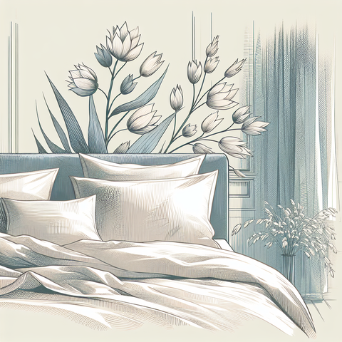 Sketch of a bed with linen sheets and a flax plant in the background, conveying comfort and durability of linen bedding.