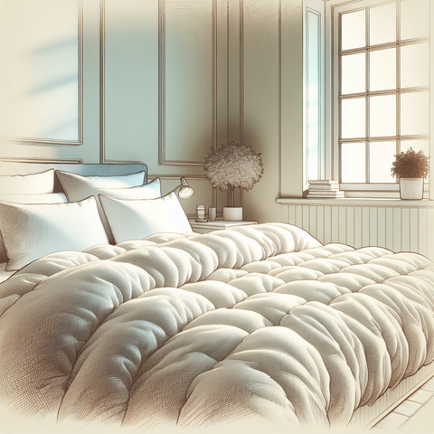 Sketch of a cozy bedroom with a plush wool duvet on the bed, highlighting comfort and sustainability.