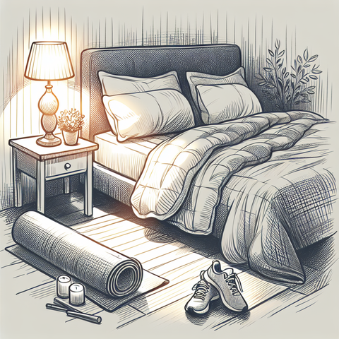 Artwork depicting a cozy bedroom scene with a bed, Evercool® Comforter, and a yoga mat, suggesting evening relaxation before sleep.