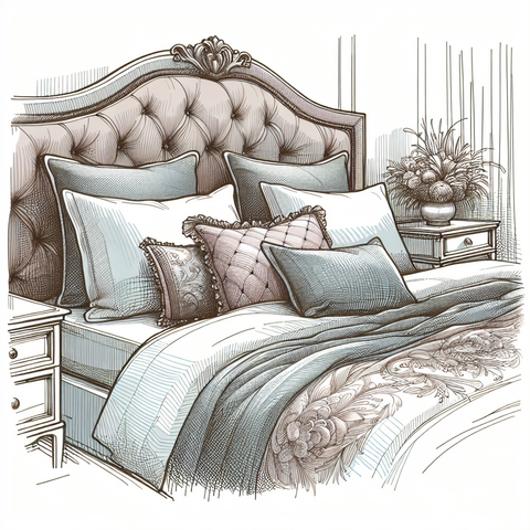 Elegant sketch of a bed with layered Euro pillows and shams against a headboard.