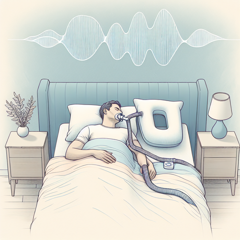 Sketch image of a person using a CPAP machine with contour and wedge pillows, symbolizing peaceful sleep.