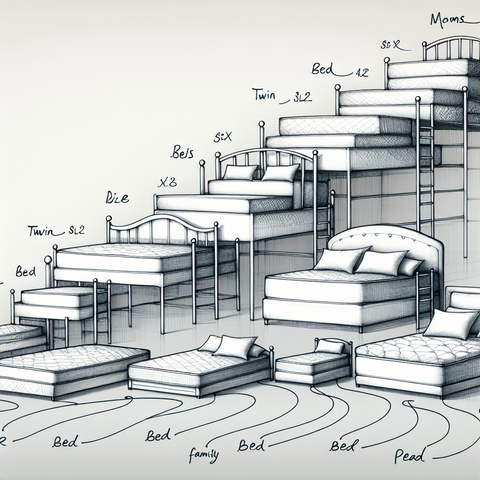 Sketch of various bed sizes from Twin to XL Family, illustrating a progression of mattress sizes in a minimalist style.