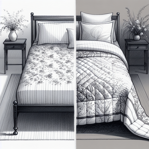 Sketch of a bed with a coverlet and a quilt, illustrating the main differences in size and decoration.