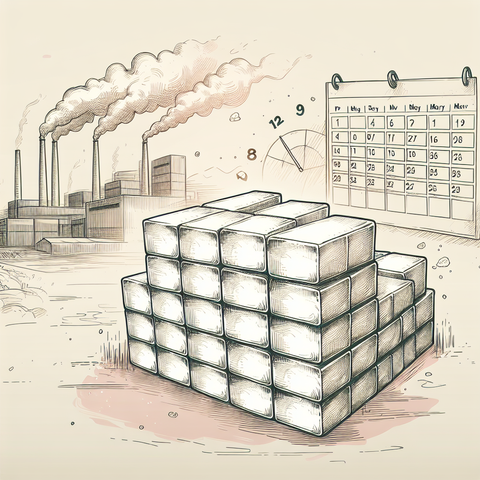 Sketch of foam blocks with distant factory buildings and a calendar, illustrating the ongoing foam shortage issue.