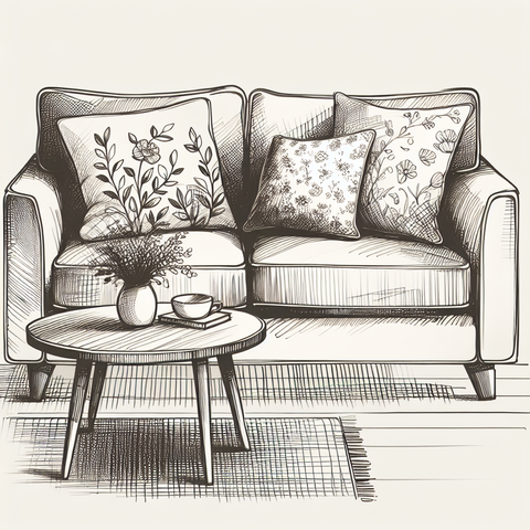 Minimalist sketch of a living room featuring a decorative throw pillow on a sofa.