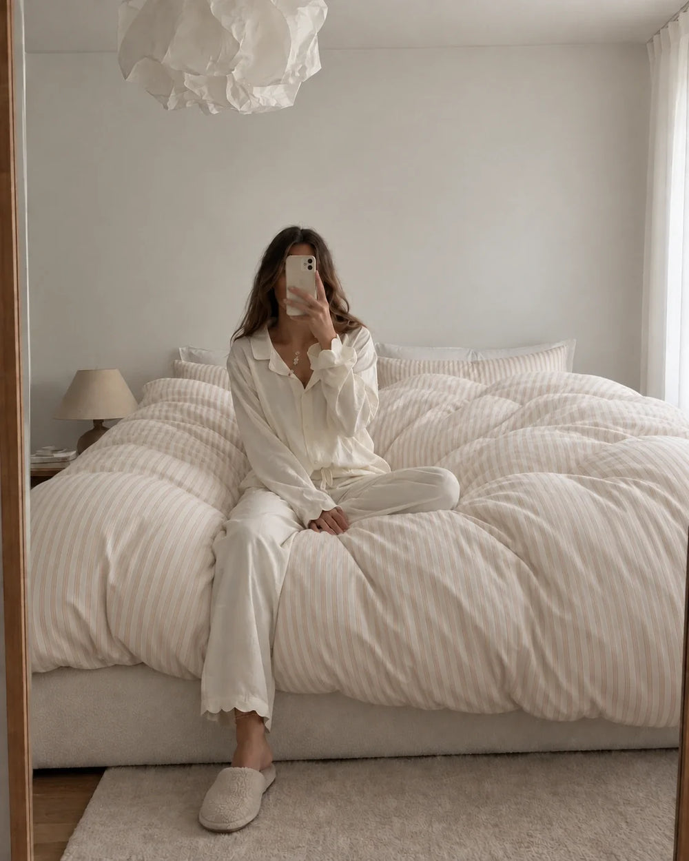 A woman in cream pyjamas sitting on a bed with cream striped bedding.
