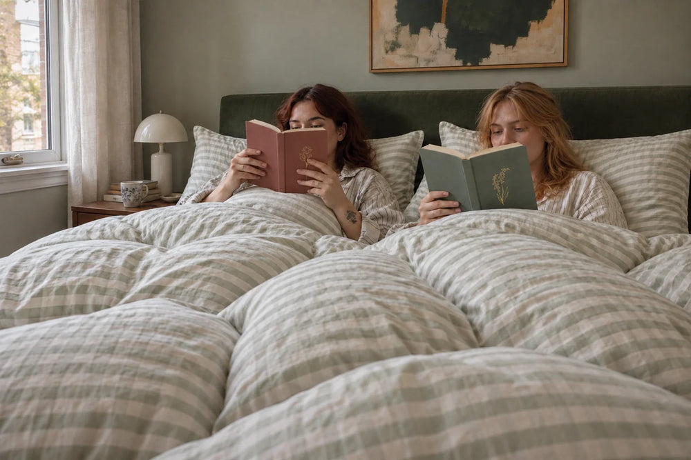 Two women reading in bed under pale green striped and checked bedding.