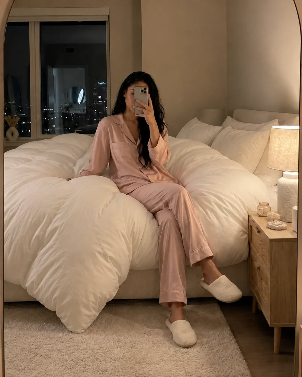 A woman in pink pyjamas sitting among white bedding in a softly lit bedroom.